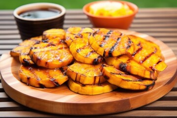 freshly grilled plantains with mango bbq glaze on a wooden platter