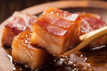 close view of a single marinated pork belly slice on a wooden spoon - obrazy, fototapety, plakaty