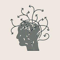 ADHD icon, line design, vector illustration. Attention deficit disorder, concentration problems concept. Human head with arrows going in different directions.