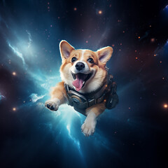 Cute happy corgi dog flying trought the space