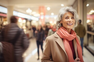 The senior Woman smiles and talks with a friend while shopping in the shopping mall,Joyful Senior Shopping Companions