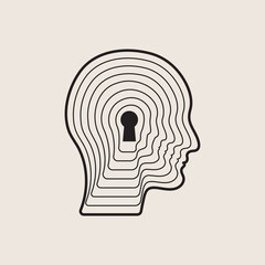 Concept of self-knowledge. Human head with key hole, line design. Vector illustration, EPS 10.