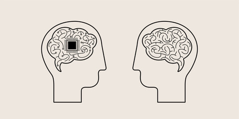 Human and robot head icon. Brain with a chip and motherboard. Comparing human and artificial mind. Line design, vector illustration - 670981449