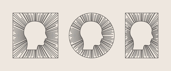 Human head icon with rays. Square, circle and rectangle design elements. Geometric line design, editable strokes.Vector illustration, EPS 10 - 670981451