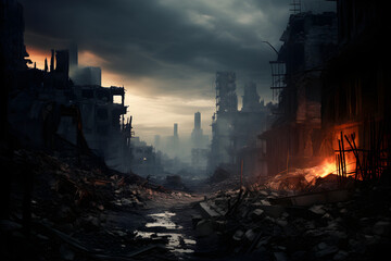 Obraz premium Devastated City with Burning Buildings and Humanity's Struggle in Dark, Foreboding Landscape