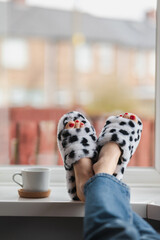 Female legs wearing funny home slippers relaxing near the window