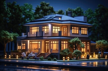 Fototapeta premium Beautiful Luxury Home Exterior in Evening with Glowing Interior Lights. Has Covered Porch with Patio Furniture and Manicured Lawn.