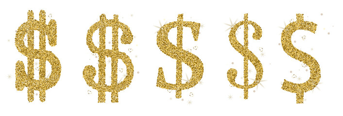 Set of Gold Glitter Dollar Sign Icon - obrazy, fototapety, plakaty