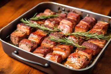 pork belly marinated with rosemary and thyme in a pan - obrazy, fototapety, plakaty