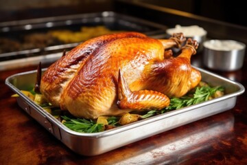 whole roasted turkey with crispy skin on a stainless steel tray