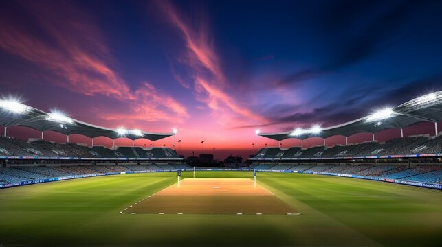 A panoramic, high-definition image of a cricket stadium that showcases the stark difference between the bright daylight and the vibrant evening atmosphere when the stadium lights come on.