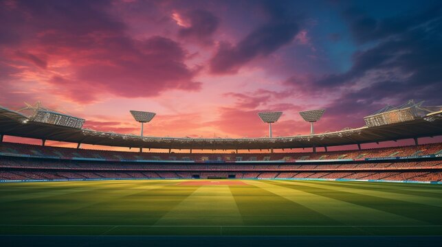 A panoramic, high-definition image of a cricket stadium that showcases the stark difference between the bright daylight and the vibrant evening atmosphere when the stadium lights come on.