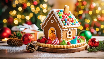 gingerbread house and christmas tree - obrazy, fototapety, plakaty