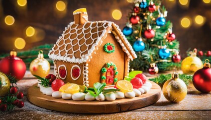 gingerbread house and christmas tree