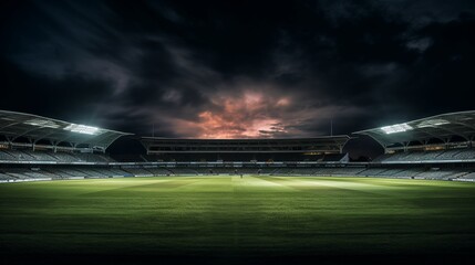 A striking high-definition photograph of a cricket stadium at night, where the floodlights illuminate the field, creating a dramatic contrast against the dark sky. - obrazy, fototapety, plakaty