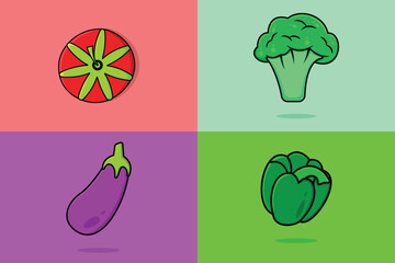 Fresh Garden Vegetables set vector illustration. Food nature icon concept. Collection of vegetables broccoli, eggplant, bell pepper, tomato icon design.