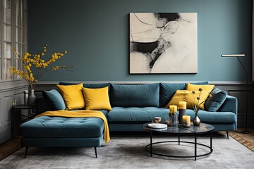 Blue and yellow sofa in modern living room interior style 