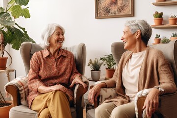 The senior Woman smiles and talks with a friend on sofa in the living room,Comfortable Talks: Elderly Friendship