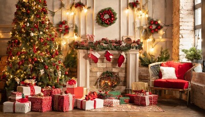 Naklejka na ściany i meble Christmas tree with gifts and fireplace