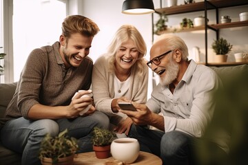 The senior Woman smiles and talks with a friend on the smartphone, Reunion: Joyful Senior Smiles