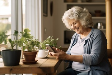 Fototapeta na wymiar The senior Woman smiles and talks with a friend on the smartphone, Reunion: Joyful Senior Smiles