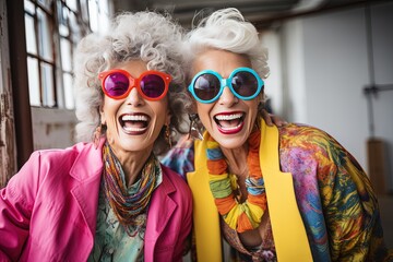 The senior Woman smiles with colorful costume shot in studio,Vibrant Senior: Colorful Costume Sparks Smiles in Studio Portrait