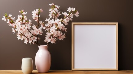 Fototapeta na wymiar Wooden frame mockup on a desk with vases with flowers. Dark background. Generative AI