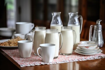 multiple coffee mugs and a milk bottle on breakfast table