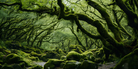 Tranquil scene of tropical rainforest growth adventure, AI Generative Mossy woodland Mata da Albergaria temperate broadleaf and mixed fores in PenedaGers National Park Portugal 

 - obrazy, fototapety, plakaty