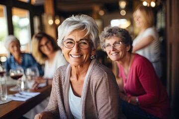The senior Woman smiles and talks with a friend in the restaurant, Restaurant Reunion: Joyful Senior Smiles - obrazy, fototapety, plakaty