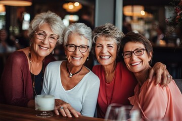 The senior Woman smiles and talks with a friend in the restaurant, Restaurant Reunion: Joyful Senior Smiles