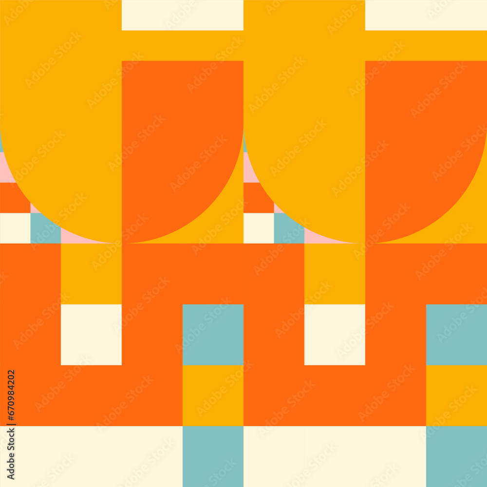 Poster Simple geometric seamless pattern. Modern abstract background with circle, semi circle, square, rectangle stripe shapes in pastel colors.