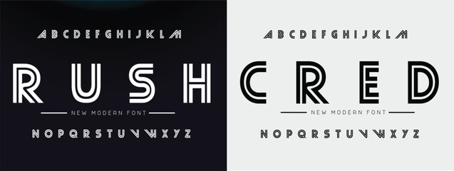 Tech Future style alphabet. Line innovation font, cyber tech type for innovate futuristic logo, techno monogram, network and hud graphic. New technology science style letters, vector typography design - obrazy, fototapety, plakaty