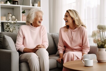 The senior Woman smiles and talks with a friend on sofa in the living room,Comfortable Talks: Elderly Friendship