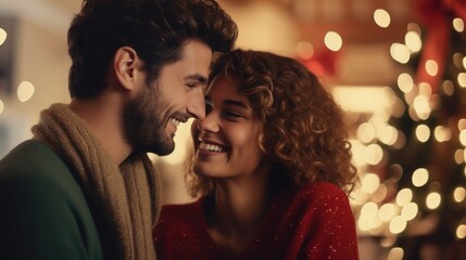 Loving couple celebrating Christmas at home. Man and woman in a seasonal winter interior. The concept of holidays.