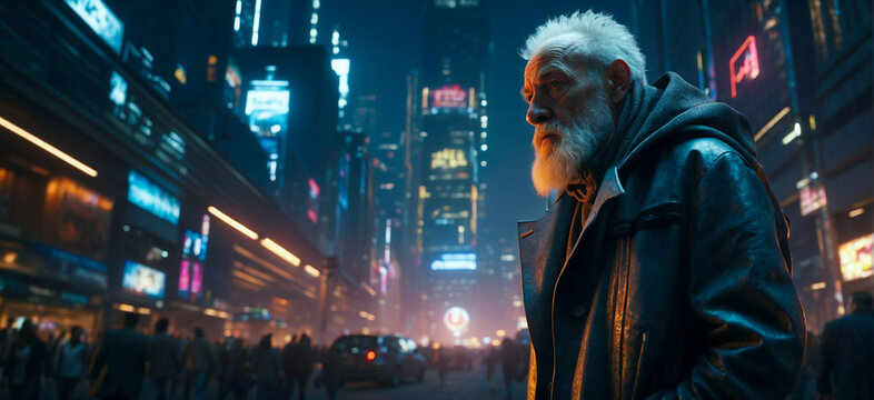 Wide angle shot of an elderly gray haired man in a futuristic jacket standing in front of a blurry panorama of a cyberpunk city with bright neon lights.
