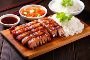 asian-style bbq pork belly served with steamed rice