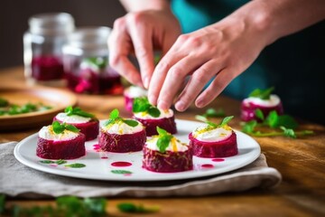 Obraz na płótnie Canvas hands arranging goat cheese on beetroot slices