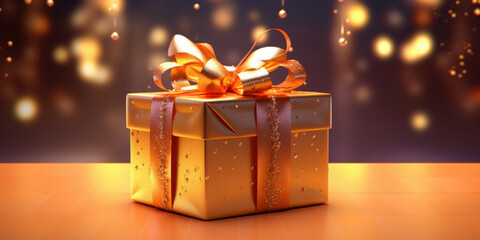 Gift box with golden satin ribbon and bow. Holiday gift with Birthday or Christmas present, happy mother day copy space.