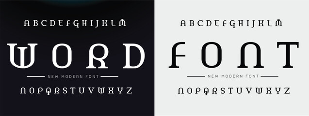 Premium luxury elegant alphabet letters and numbers. Elegant Tech typography classic serif font decorative vintage retro. Creative vector illustration