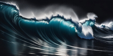 dark black night ocean wave with turquoise transparent light