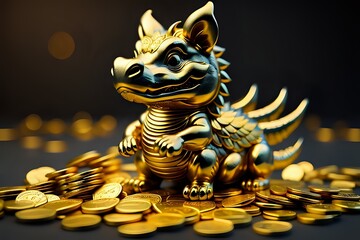 gold dragons lying on pile of gold coins made with Generative AI