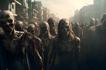 group of zombie at small town street at sunny morning. Neural network generated image. Not based on any actual person, scene or pattern.