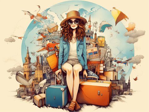 illustration of travel woman around the world , Generative ai