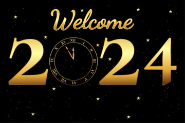 New Year 2024 concept. Magic background with clock and "welcome" lettering on abstract sparkling midnight sky. New Year's Eve party invitation card banner.Vector illustration.