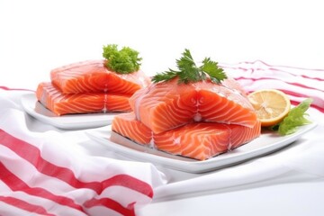 stack of salmon steaks on a white tablecloth