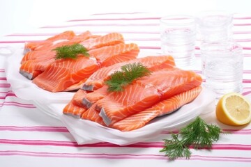 stack of salmon steaks on a white tablecloth