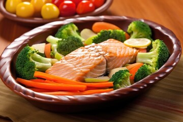 salmon steak on a bed of steamed vegetables