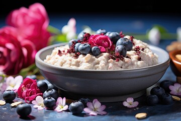 Delicious and Healthy Oatmeal Bowl with Fresh Blueberries and Edible Flowers