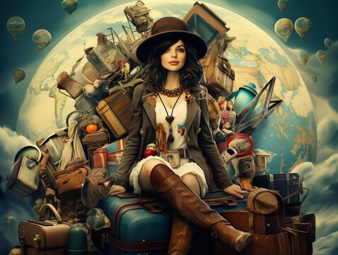 illustration of travel woman around the world , Generative ai
